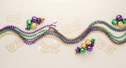 Celebratory mardi gras beads and masks on a festive wavy ribbon, viewed from above with colorful decorations and elegant design.