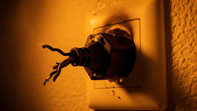Close-up view captures a severely melted and burnt electrical plug socket connection emitting smoke, signaling a dangerous wiring failure or short circuit hazard indoors.