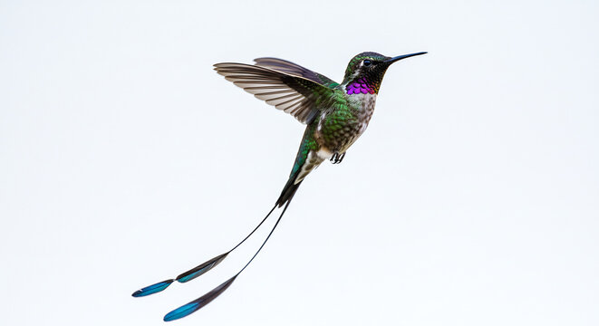 Colibri sylphe longicaude spectaculaire aux longues plumes caudales bleues en vol sur un fond blanc �clatant. AI Generated