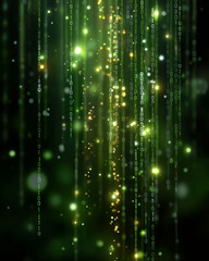 Digital Data Cascade: A mesmerizing visual of cascading digital data streams in a vibrant green, sparkling with particles. A modern representation of technological advancement and cyberspace.