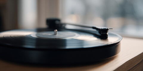 Turntable vinyl record stylus tonearm platter analog music wooden light on wooden turntable stylus on record tonearm over platter analog music with light