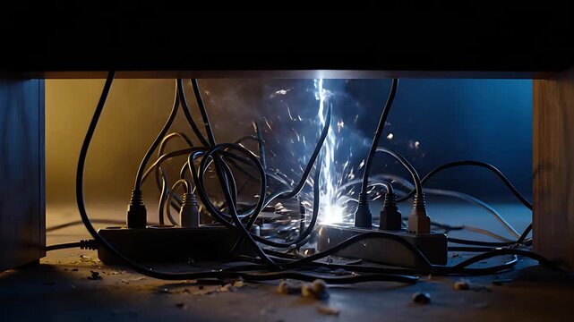 Dramatic image captures dangerous electrical short circuit sparking violently between tangled power strips and numerous overloaded appliance cords creating a serious fire hazard.