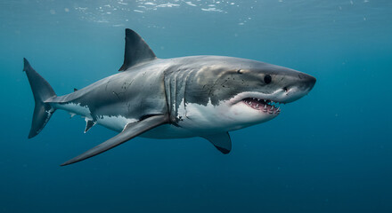 Fototapeta premium Grand requin blanc majestueux nageant en eaux claires bleues naturellement illumin�es. AI Generated
