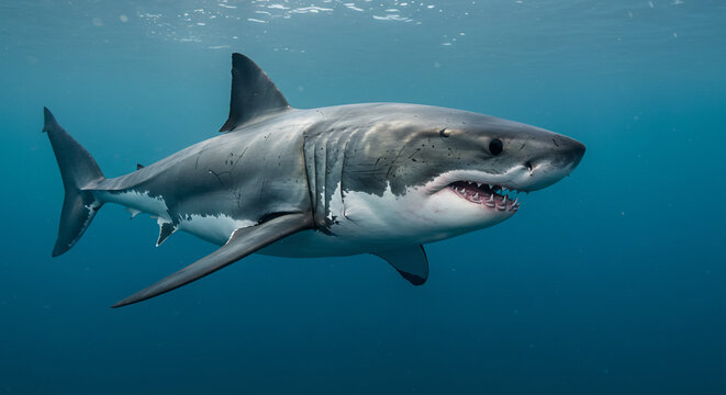 Grand requin blanc majestueux nageant en eaux claires bleues naturellement illumin�es. AI Generated