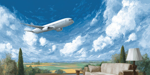 Naklejka premium Airplane sky cloud countryside sofa lamp landscape surreal blend in digital painting where jet glides over rural fields above outdoor living room scene evoking dreamlike calm