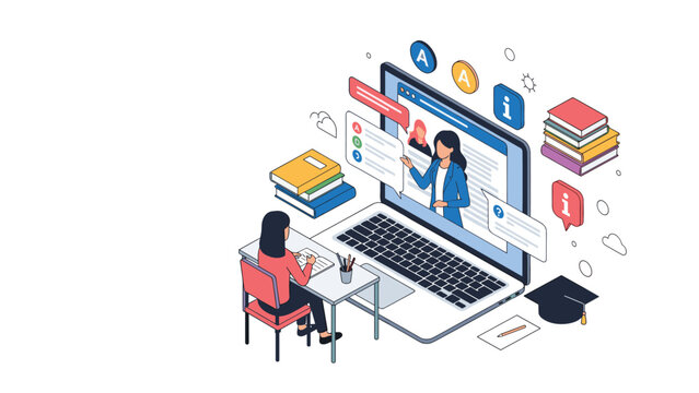 Online education isometric concept showing a female teacher on a laptop screen guiding a student at her desk with books and icons.