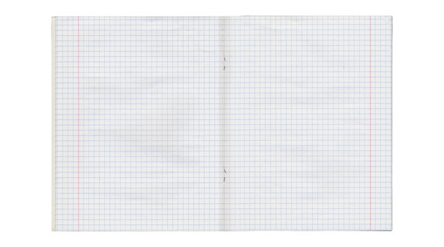 Clean graph paper notebook spread with red margins isolated on transparent background