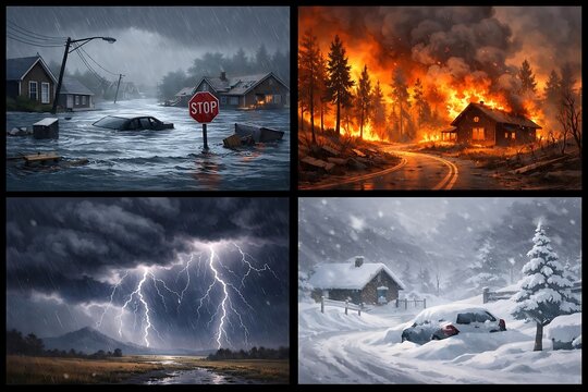Various types of natural disasters.