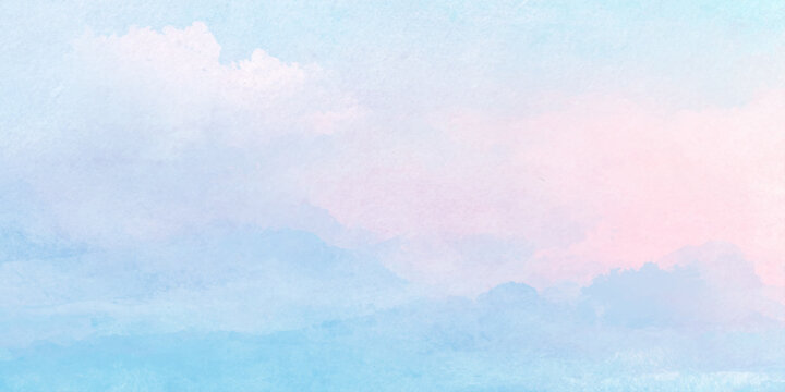 A soft pastel sky with fluffy white and pale pink clouds creates a serene and dreamy watercolor atmospheric backdrop