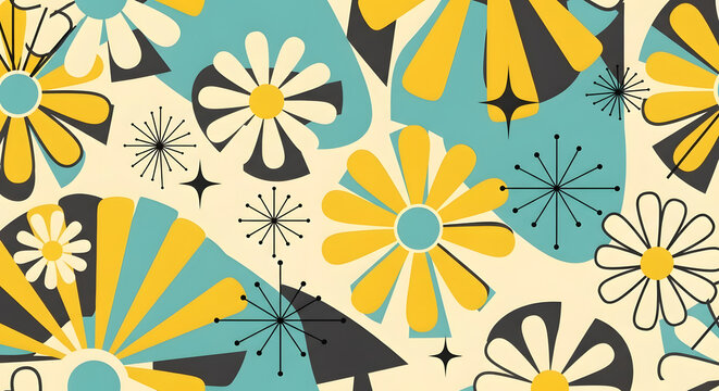 Mid-Century Modern Floral Pattern with yellow flowers and blue retro shapes in a vintage 1960s style