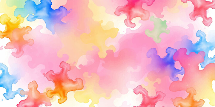 Abstract colorful watercolor background featuring an artistic paint splash pattern and seamless jigsaw puzzle pieces in a pink grunge ink texture design illustration