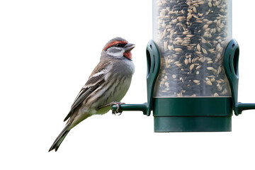 Small Finch Perching on Bird Feeder Isolated on Pure White Background