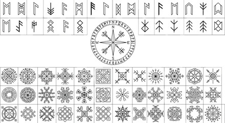 Runic alphabet symbols and sacred geometry ornament collection with compass rose and mystical Nordic decorative vector illustration © MstMukta