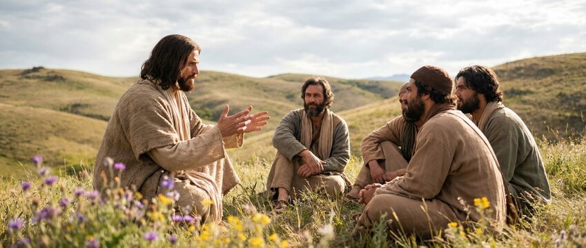 Jesus teaching the Sermon on the Mount with disciples listening intently. Biblical scene from the Gospel of Matthew on a grassy hillside. Religious education concept. Banner with copy space
