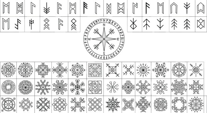 Runic alphabet symbols and sacred geometry ornament collection with compass rose and mystical Nordic decorative vector illustration