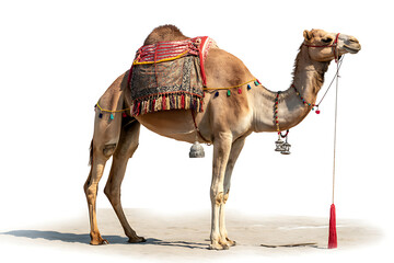 Standing Decorated Camel with Vibrant Textiles and Jewelry Isolated on White Background