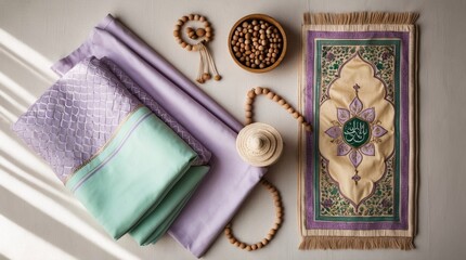 Fototapeta premium Islamic Prayer Mat and Tasbih Flat Lay in Pastel Tones