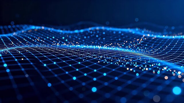 Abstract digital wave pattern with glowing blue particles and grid lines on a dark background
