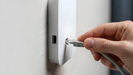 Hand Plugging Grey Ethernet RJ45 Network Cable into White Wall Mounted Router or Wireless Access Point for Fast Internet