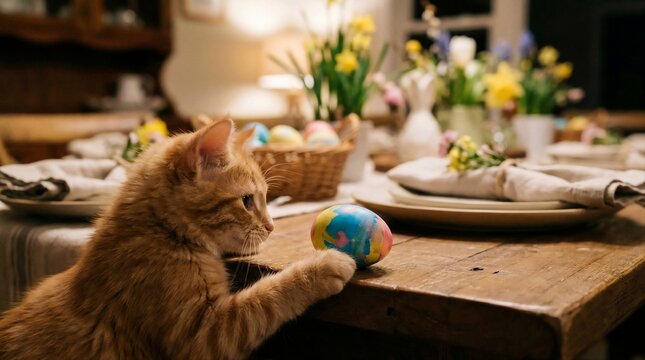 Cute ginger tabby cat looking at colorful Easter egg on festive table