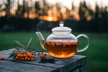 Sea Buckthorn Tea with Berries and Herbs in Transparent Teapot, Evening Bokeh Background