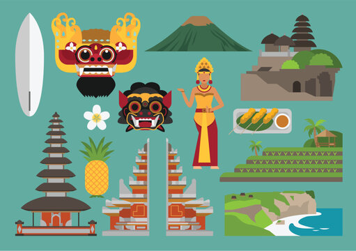 Indonesia and Bali Landmarks, Culture and Tropical Icons Flat Illustration