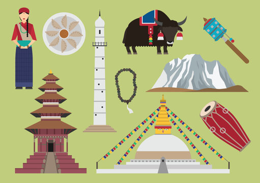 Nepal Landmarks, Culture and Himalayan Icons Flat Illustration