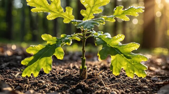 Small oak sapling growing in forest soil during sunset