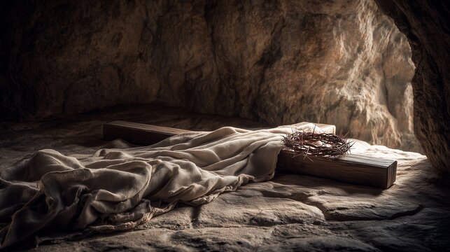 Empty stone tomb with linen cloth symbolizing resurrection of Jesus