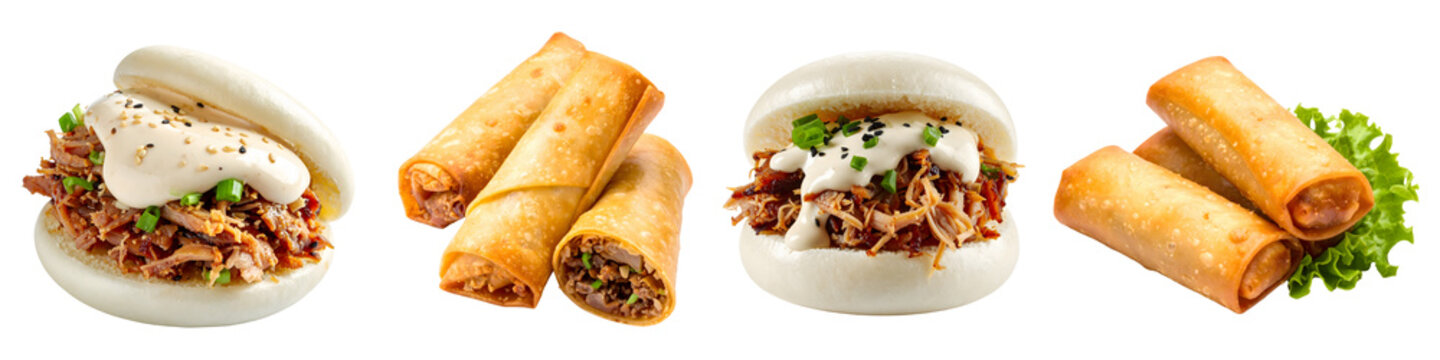 Gua bao buns filled with pork meat and crispy golden fried spring rolls set elements, isolated on transparent background