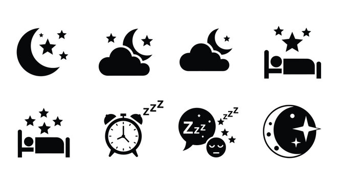 Collection of sleep related icons featuring moons stars beds and clocks