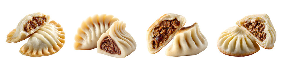 Whole and half cut steamed dumpling, buns, and fried gyoza with juicy meat filling isolated on transparent background