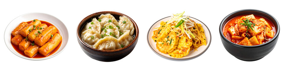 Traditional korean foods dishes set, tteokbokki, kimchi stew, dumpling soup Mandu, noodles jeon bean sprouts isolated on transparent background