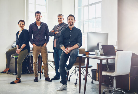 Team, portrait or people in newsroom with smile, collaboration or experience in publication job. Pride, work staff or creative manager with confidence, support or workforce in journalism industry.