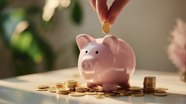 A minimal and clean financial stock photo featuring a close-up of a human hand placing a gold coin into a pink ceramic piggy bank, surrounded by scattered coins, symbolizing savings and investment.