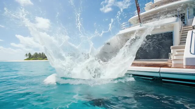 Man wearing snorkeling gear jumping from a luxury yacht into clear turquoise ocean water near a tropical island. Adventure travel and vacation lifestyle concept highlighting freedom, leisure, and summ