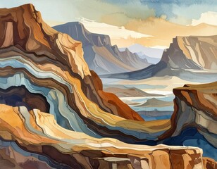 Abstract Watercolor Landscape of Mountains and Desert