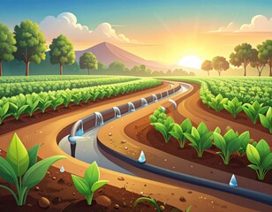 Irrigated Farmland at Sunset with Lush Green Crops