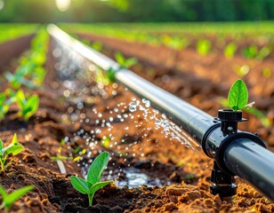 Irrigation System Watering Crops in a Field During Sunny Day