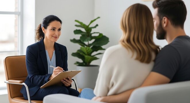 A smiling female therapist takes notes while a couple sits on a couch, engaged in a counseling session in a bright, modern office.