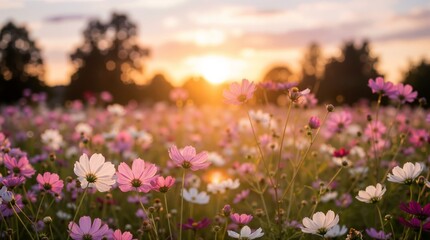 Fototapeta premium A breathtaking view of a vibrant cosmos flower meadow bathed in the warm, golden light of a setting sun, creating a peaceful and romantic atmosphere. Generative AI.