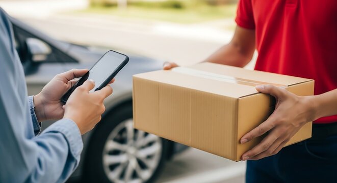 Delivery person hands a package to a customer who signs for it on a smartphone, with a car in the background.