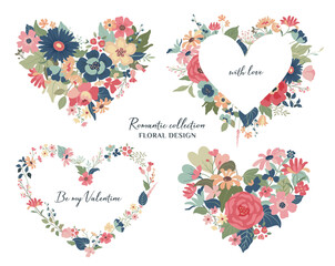Set of four vector colorful hearts with flowers and plants. Happy Valentine s Day greeting cards. Romantic sticker collection, Beautiful floral holiday design.
