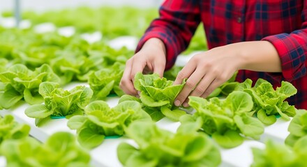 A person in a red and black plaid shirt tending to rows of healthy green lettuce plants in a hydroponic farming system.
