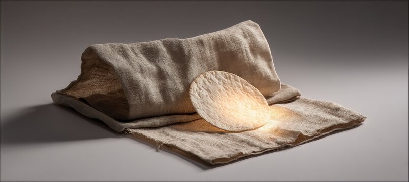 Afikoman pouch revealing glowing matzah half in quiet studio scene