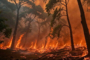 A forest fire is raging through a wooded area, with trees and brush on fire. The sky is hazy and the air is thick with smoke. The scene is chaotic and dangerous, with the potential for loss of life