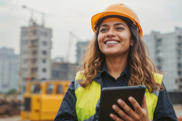Happy female engineer wearing a hard hat and high-visibility vest, using a tablet to record data at a construction site