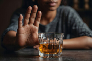 Hand of a black woman pushing a glass of alcohol away on the table