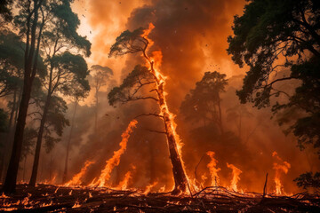 A tree is on fire in a forest. The fire is very large and is surrounded by trees