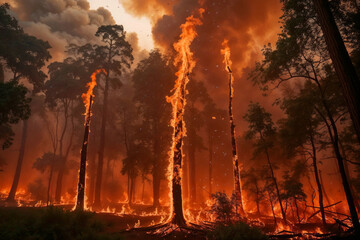 A forest fire is raging, with flames shooting up into the sky. The trees are blackened and charred, and the smoke is thick and billowing. The scene is chaotic and dangerous